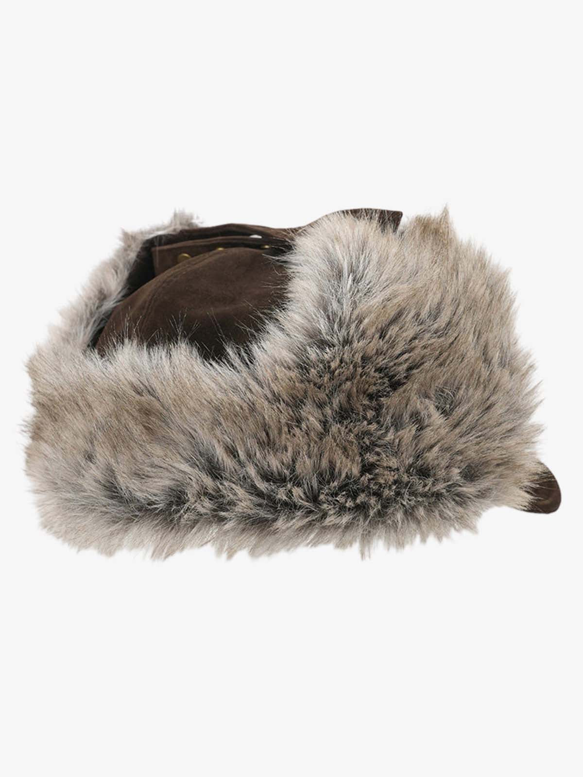 Faux Fur Lined Brown Suede Winter Hat with Ear Flaps?