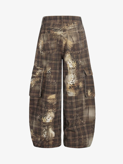 Plaid Leopard Print Cargo Barrel Jeans