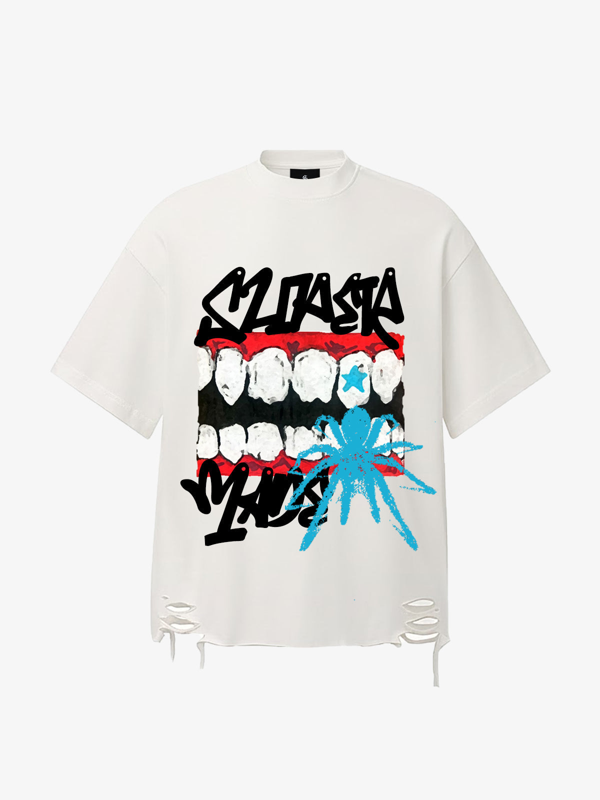 Oversized Flame Logo Skull Print T-Shirt with Ripped Hem 