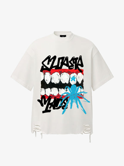 Oversized Flame Logo Skull Print T-Shirt with Ripped Hem 