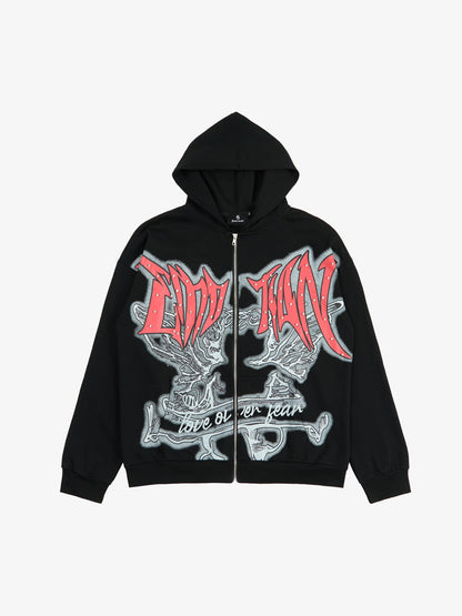 Retro Gothic Print Rhinestone Zip-Up Hoodie 