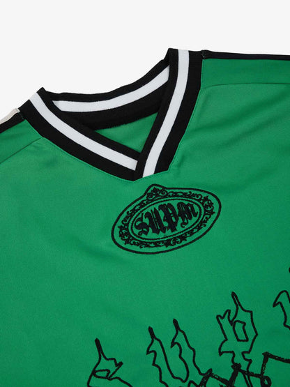 Supermade Color-Blocked V-Neck Embroidered Jersey Short-Sleeved?