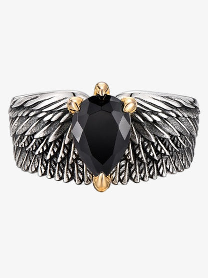 Sterling Silver Black Onyx Wing Ring with Gold Accents - Vintage Statement Jewelry for Women 