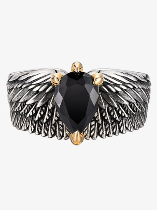 Sterling Silver Black Onyx Wing Ring with Gold Accents - Vintage Statement Jewelry for Women 