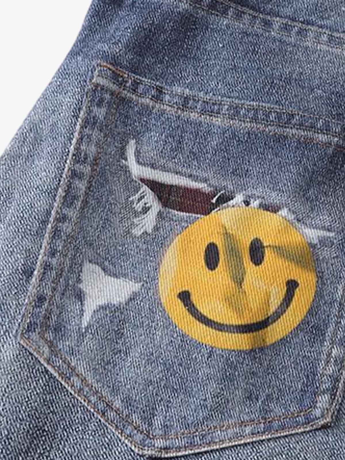 Denim Patchwork Wide Leg Jeans with Graphic Appliques and Distressed Details?