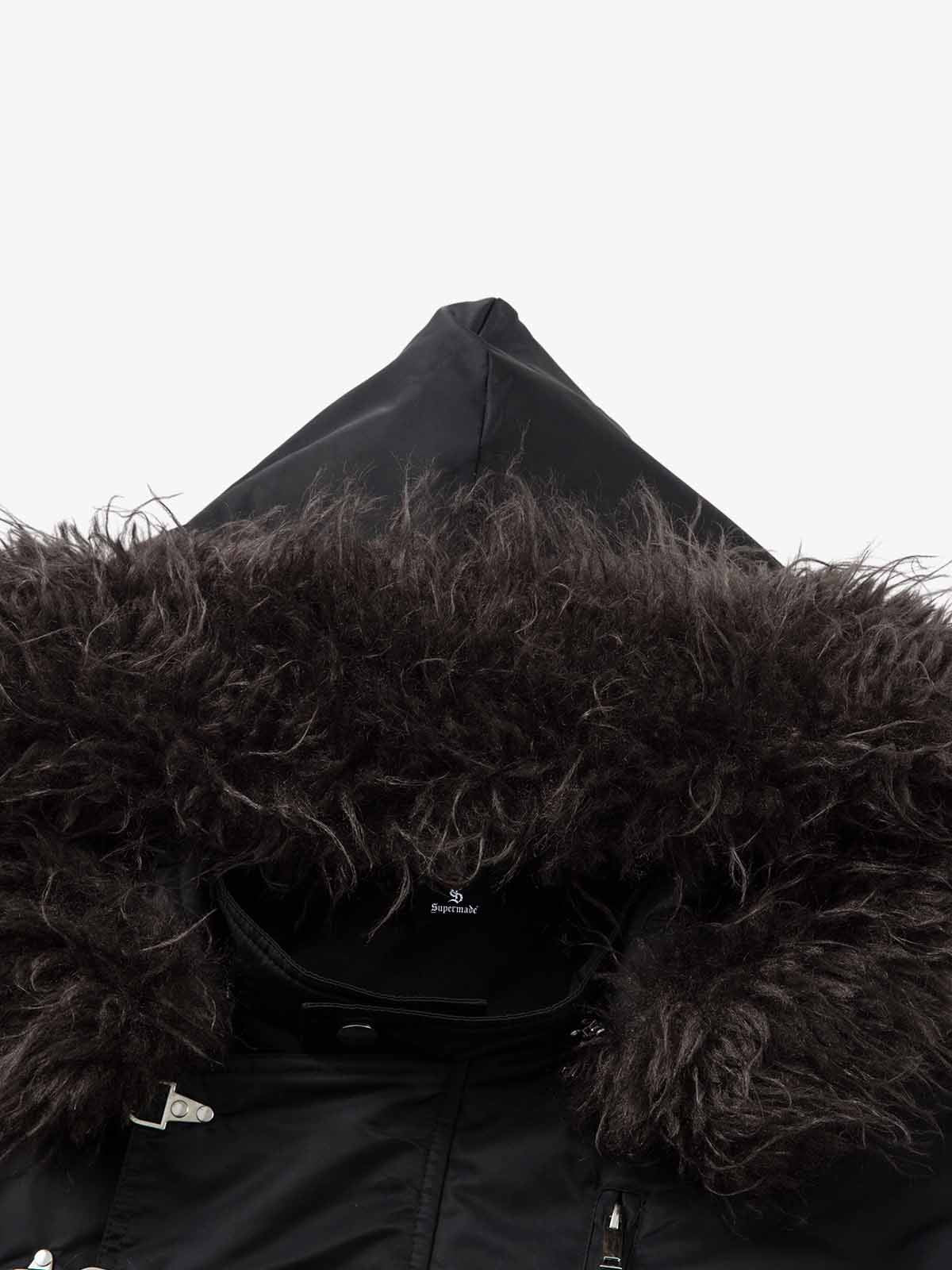 Detachable Faux Fur Collar Ruched Sleeve Bomber Jacket 