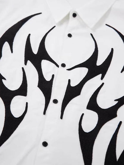Cotton Blend Short Sleeve Shirt with Black Flame Print Long Sleeve Insert, Stylish Contrast Design for Men and Women?