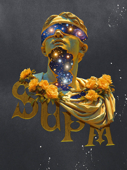 THE SUPERMADE-Wash and splash ink Galaxy Art Print T-Shirt with Cosmic Statue Design for Men and Women?