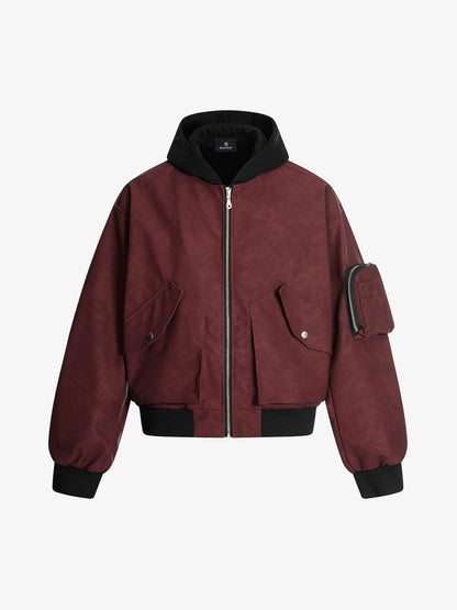 Patchwork Faux Leather Hooded Two-Piece Jacket 