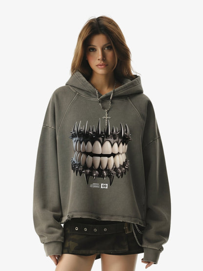 Thesupermade American Retro Dark Teeth Print Distressed Cropped Hoodie 