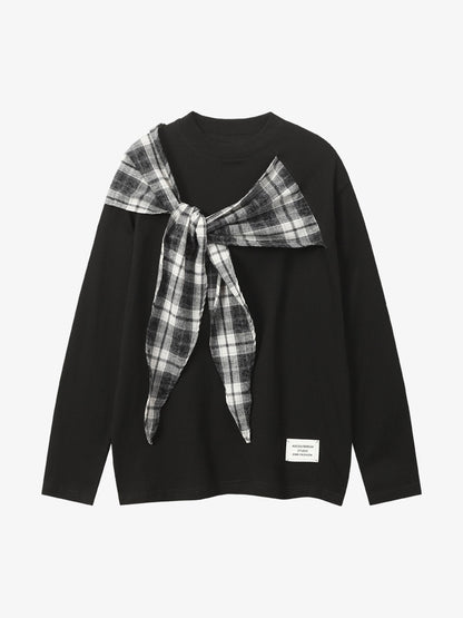 Black Long Sleeve T-Shirt with Plaid Shoulder Patch - Stylish and Versatile Top for Casual Wear 