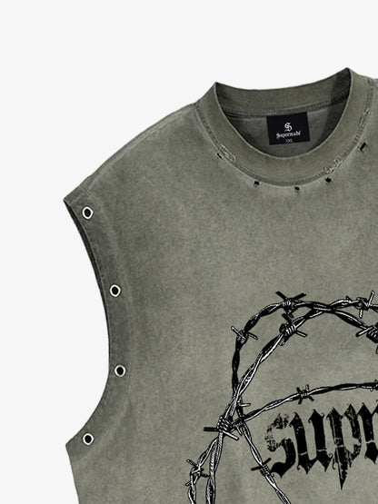 Distressed Sleeveless Crop Top with Barbed Wire Graphic Design 