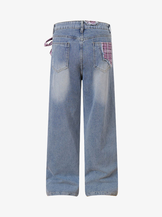 Street Ripped Plaid Bow Jeans 