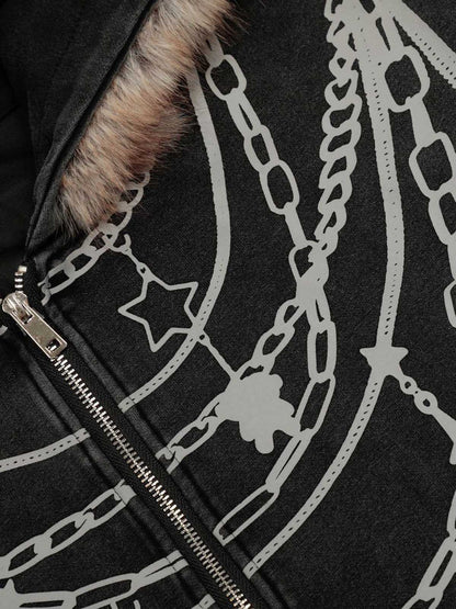 Stylish Chain-Printed Hoodie with Faux Fur Trim for Winter Fashion 