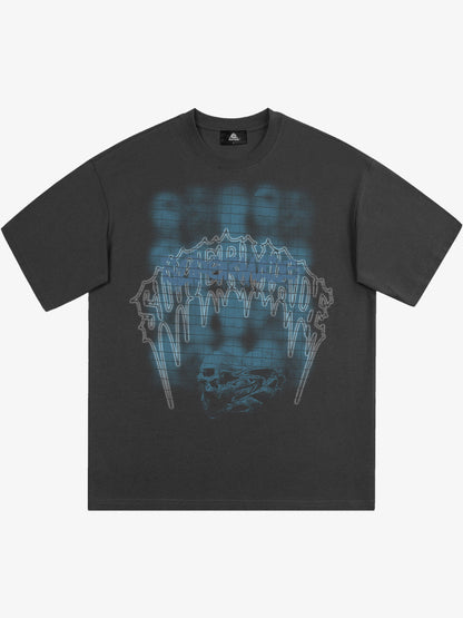 THE SUPERMADE Dark Grid Skull Graphic T-Shirt with Neon Drip Design 