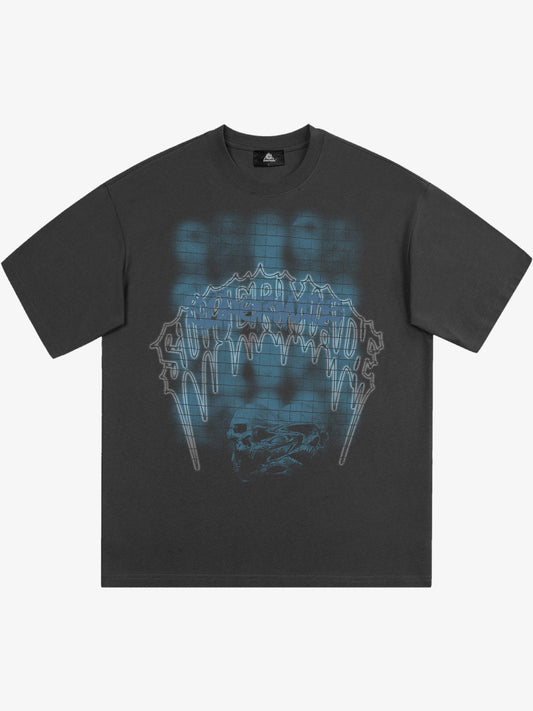 THE SUPERMADE Dark Grid Skull Graphic T-Shirt with Neon Drip Design 