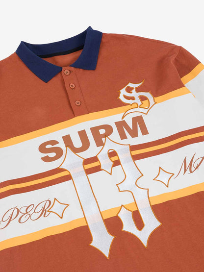 Supermade Color-Blocked Polo Collar Embroidered Print Long-Sleeved Jersey?