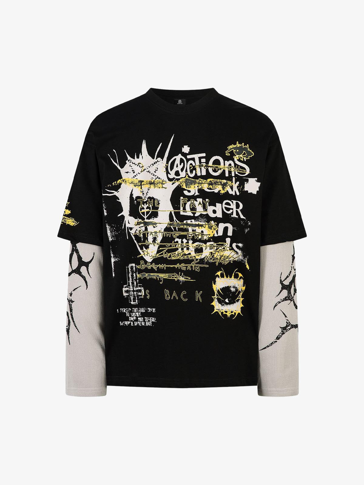 Thesupermade Hip-Hop Punk Faux Two-Piece Long-Sleeved T-Shirt 