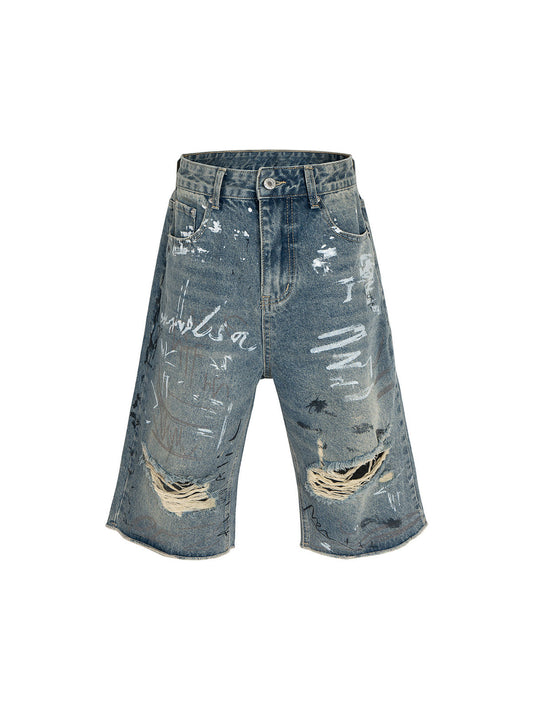 Ripped Hand-Painted Graffiti Ripped Jorts 