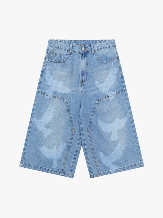 Stylish Denim Shorts with Flying Bird Prints for Summer Outfits 