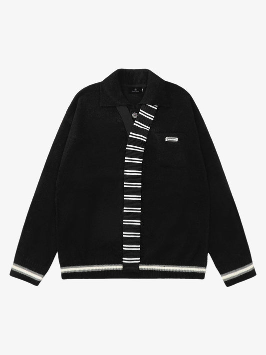 Retro Striped Contrast Panel Button-Up Collar Sweater 