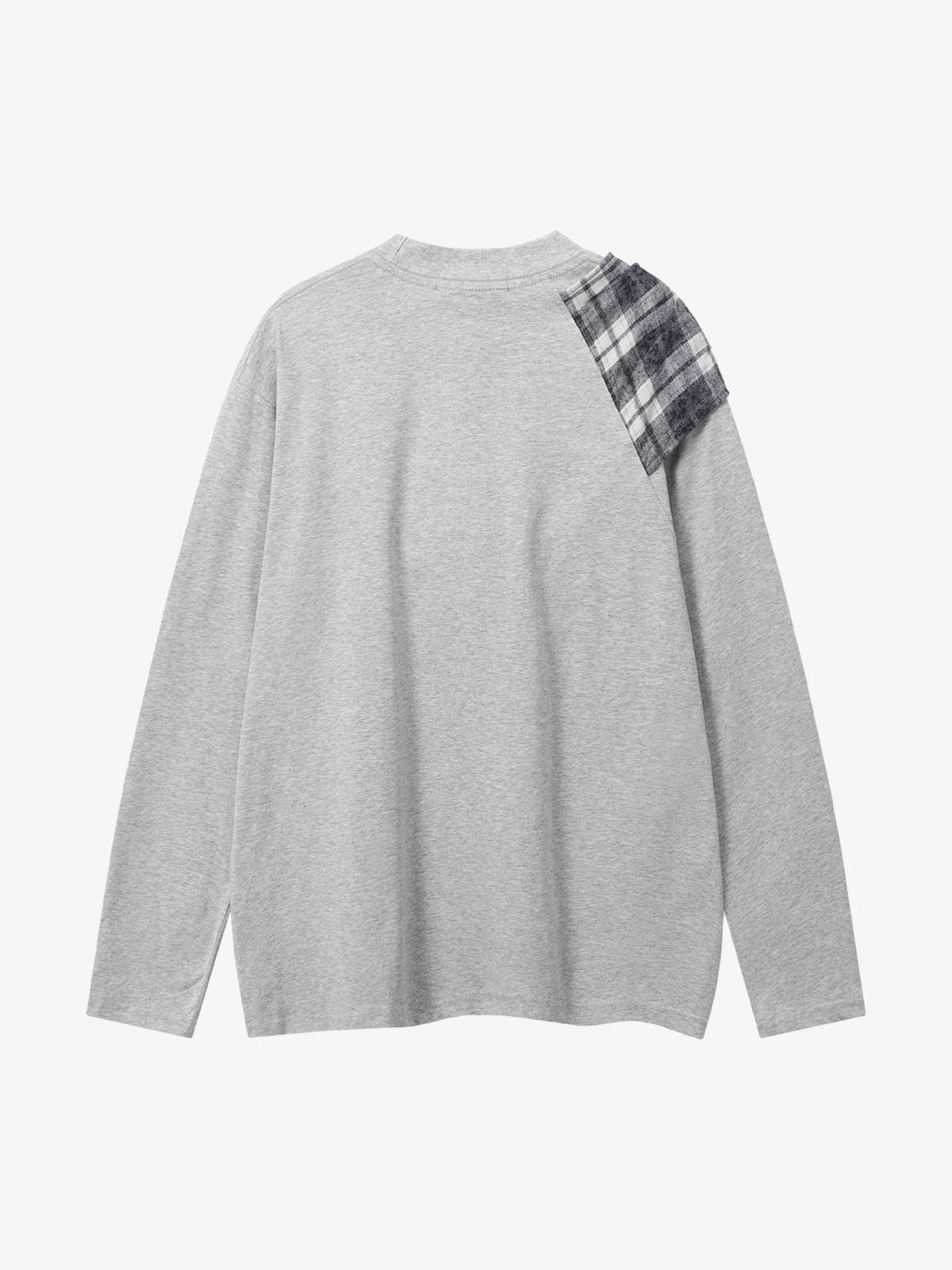 Black Long Sleeve T-Shirt with Plaid Shoulder Patch - Stylish and Versatile Top for Casual Wear 