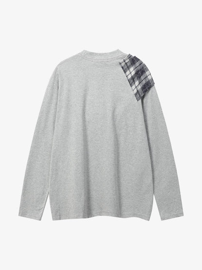 Black Long Sleeve T-Shirt with Plaid Shoulder Patch - Stylish and Versatile Top for Casual Wear 