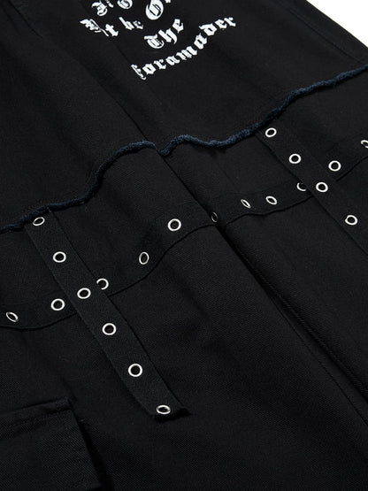 Cotton Blend Black Wide Leg Cargo Pants with Gothic Print and Metal Eyelets for Streetwear Fashion?