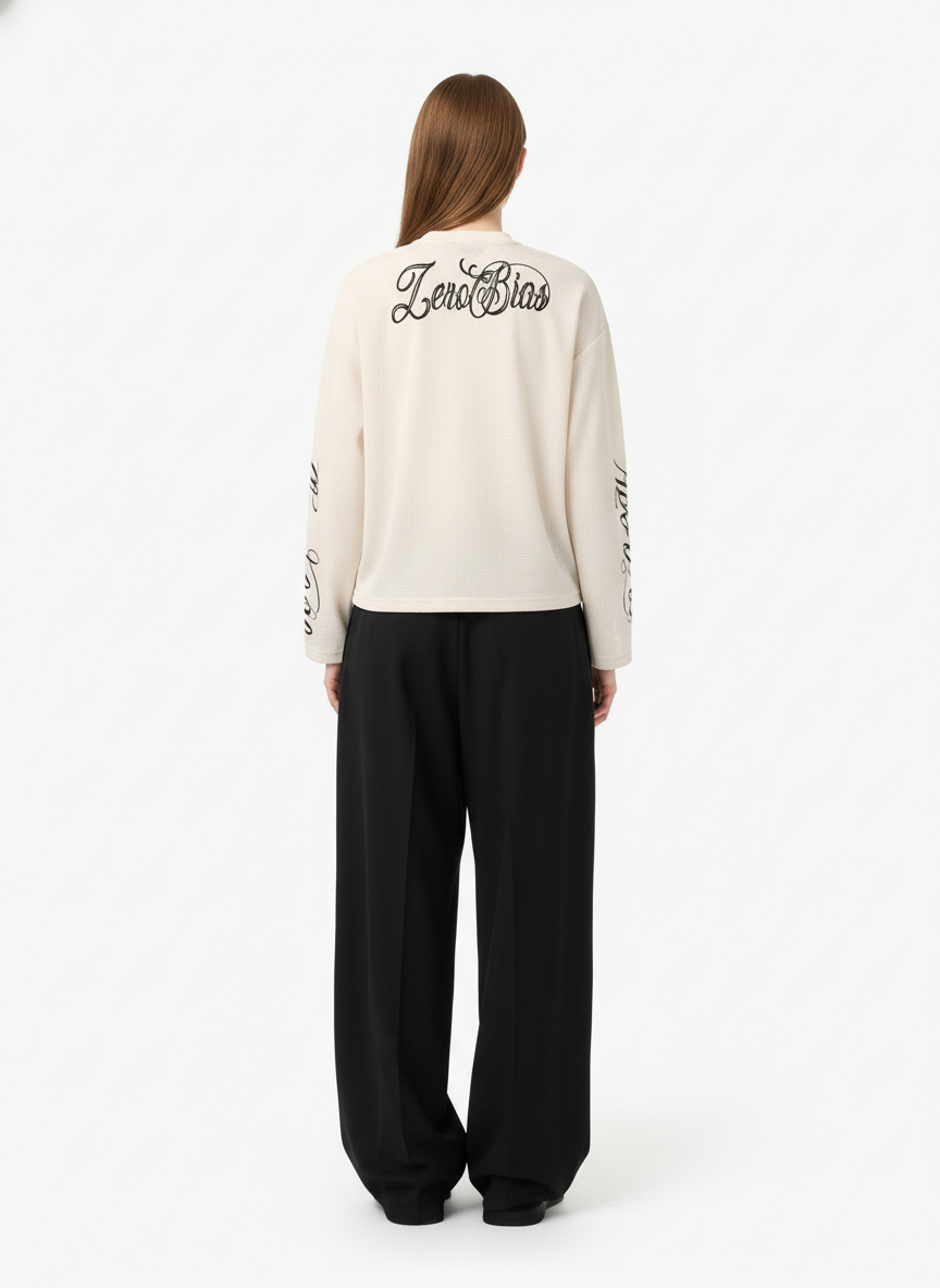 Retro Letter Print Waffle Simplicity Long-Sleeved T-Shirt