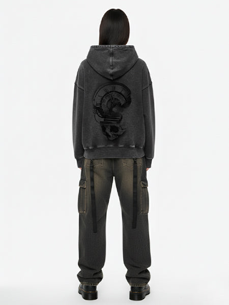 Thesupermade Washed Gray Distressed Double Zipper Cardigan Hooded Sweatshirt Sketch Skull Clock 