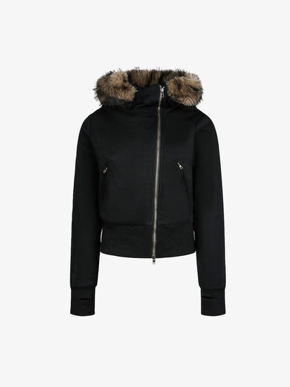 Detachable Fur Hooded Off-Shoulder Cropped Jacket