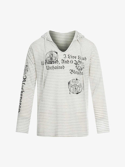 Graphic Print and V-Neck Striped Long Sleeve Hooded T-Shirt