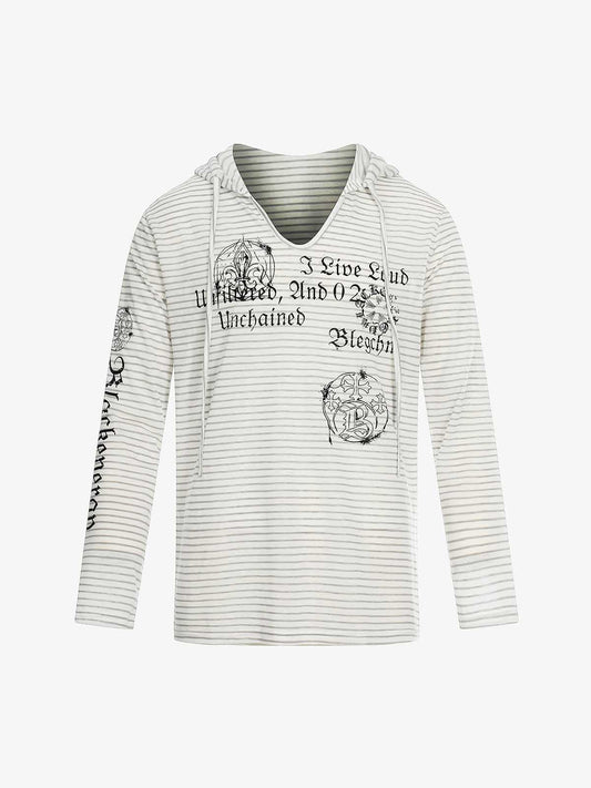 Graphic Print and V-Neck Striped Long Sleeve Hooded T-Shirt