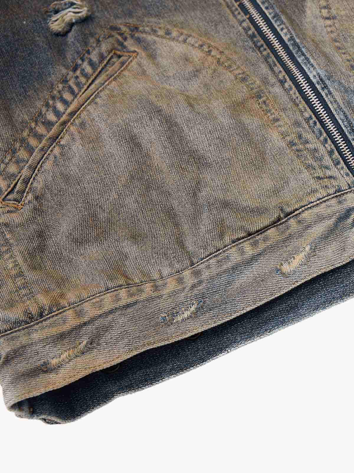 Vintage Washed Distressed Denim Zip Up Jacket