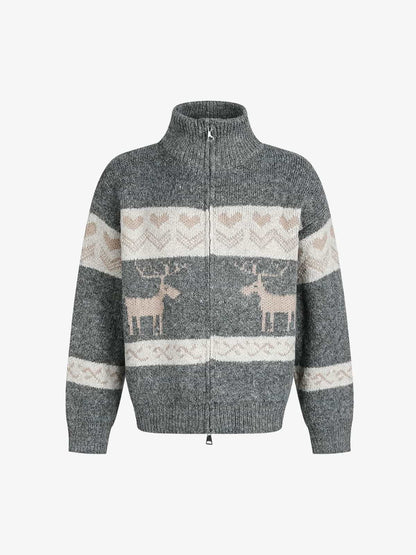Cozy Winter Knit Sweater with Deer Motif and Zip Closure 