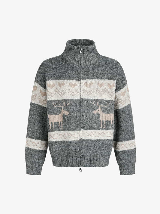 Cozy Winter Knit Sweater with Deer Motif and Zip Closure 