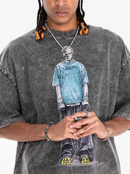 300G Jade Pattern Dyed Cotton Oversized T-Shirt with Skeleton Graphic Print Streetwear?