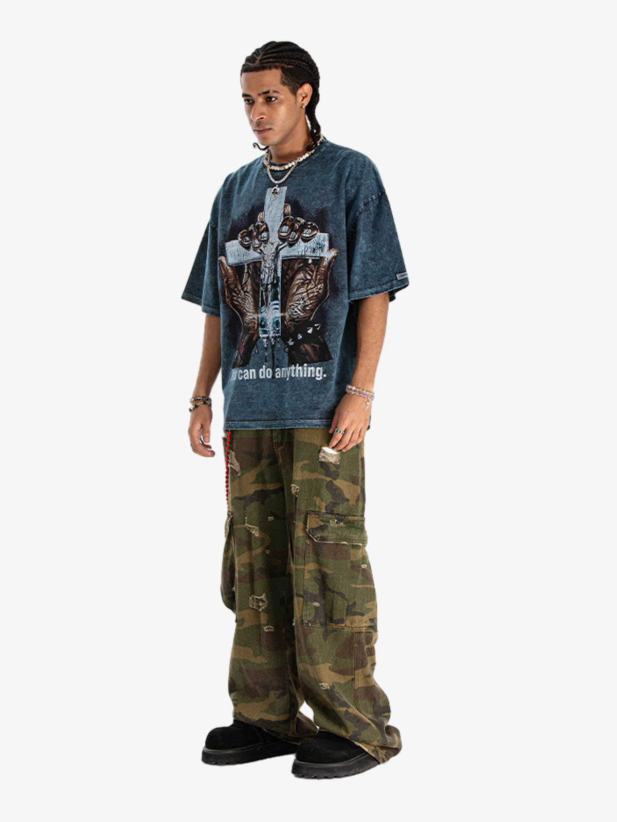 300G Jade Pattern Dyeing Cotton Oversized T-Shirt with Cross Hand Graphic Print?