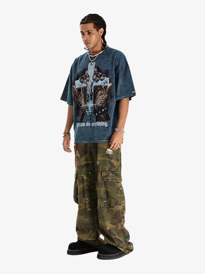 300G Jade Pattern Dyeing Cotton Oversized T-Shirt with Cross Hand Graphic Print?