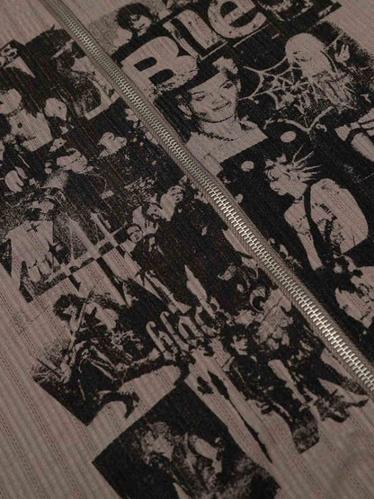 Retro Punk Print Knit Cardigan Long Sleeve Top