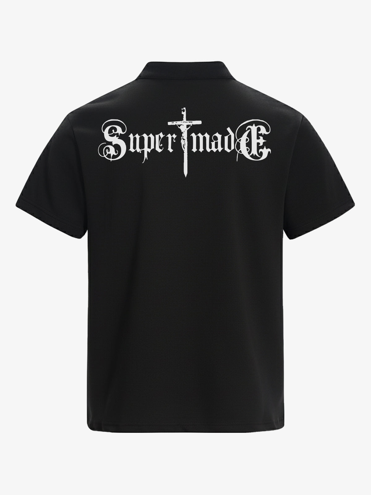 Cotton blend loose-fitting stand-up collar button-front short-sleeved T-shirt with anti-war print. 