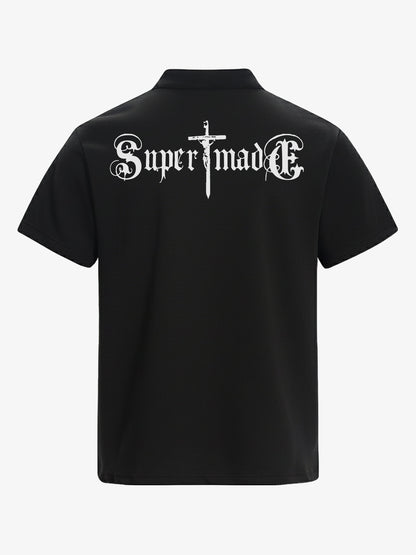 Cotton blend loose-fitting stand-up collar button-front short-sleeved T-shirt with anti-war print. 