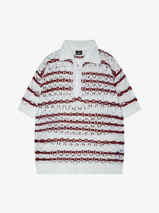 Knitted Cotton Blend Striped Polo Shirt with Openwork Pattern 