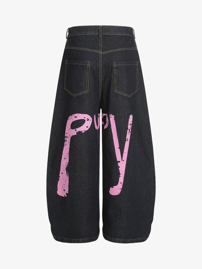 Stylish Wide-Leg Denim Shorts with Bold Pink Graffiti Design for Summer 
