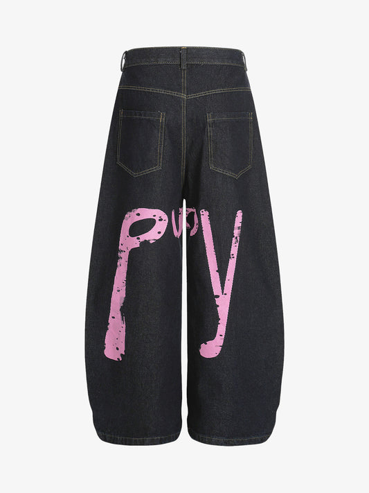 Stylish Wide-Leg Denim Shorts with Bold Pink Graffiti Design for Summer 