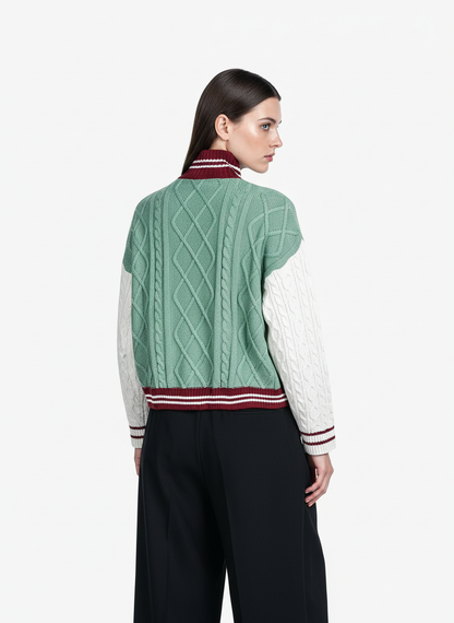 Retro Contrast Color High Neck Knitted Cardigan Sweater