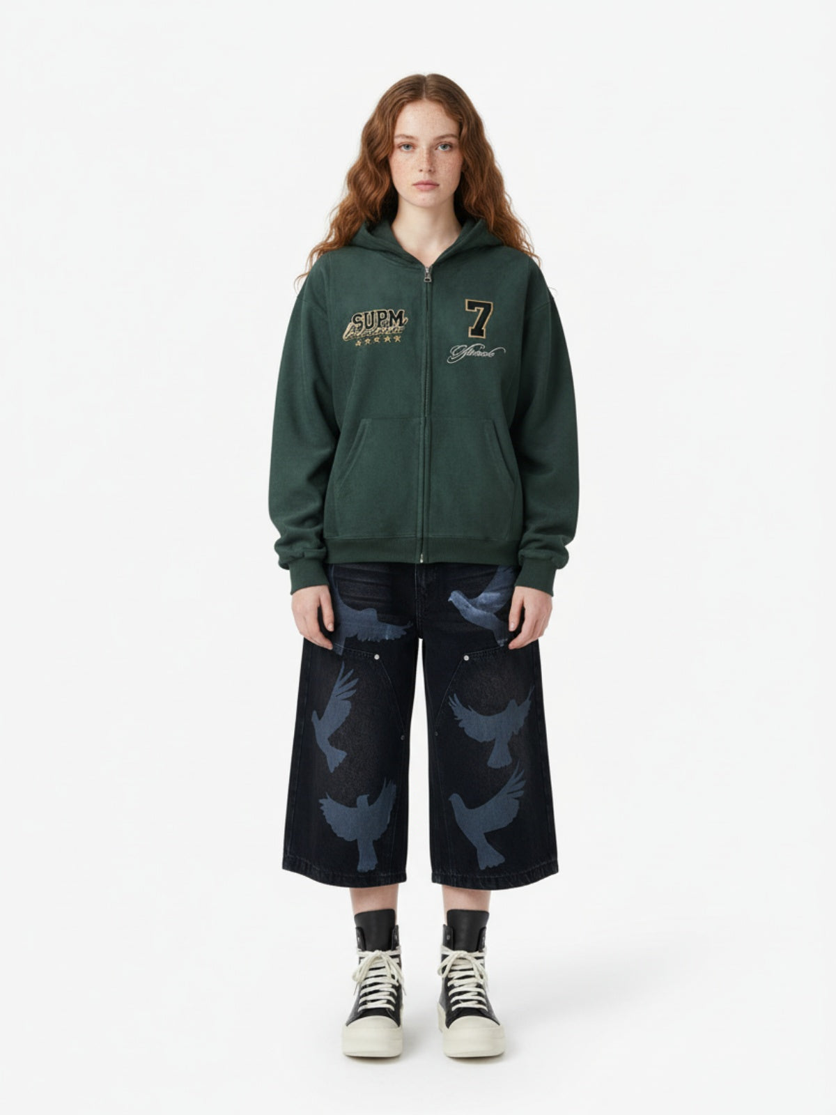 Distressed Dove-Print Denim Jort