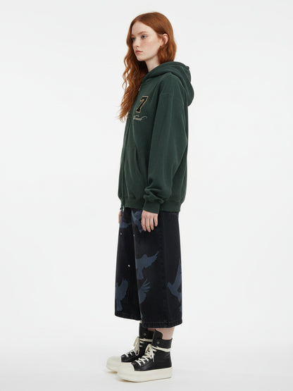 Suede Letter Embroidered Cropped Zip-Up Sweatshirt