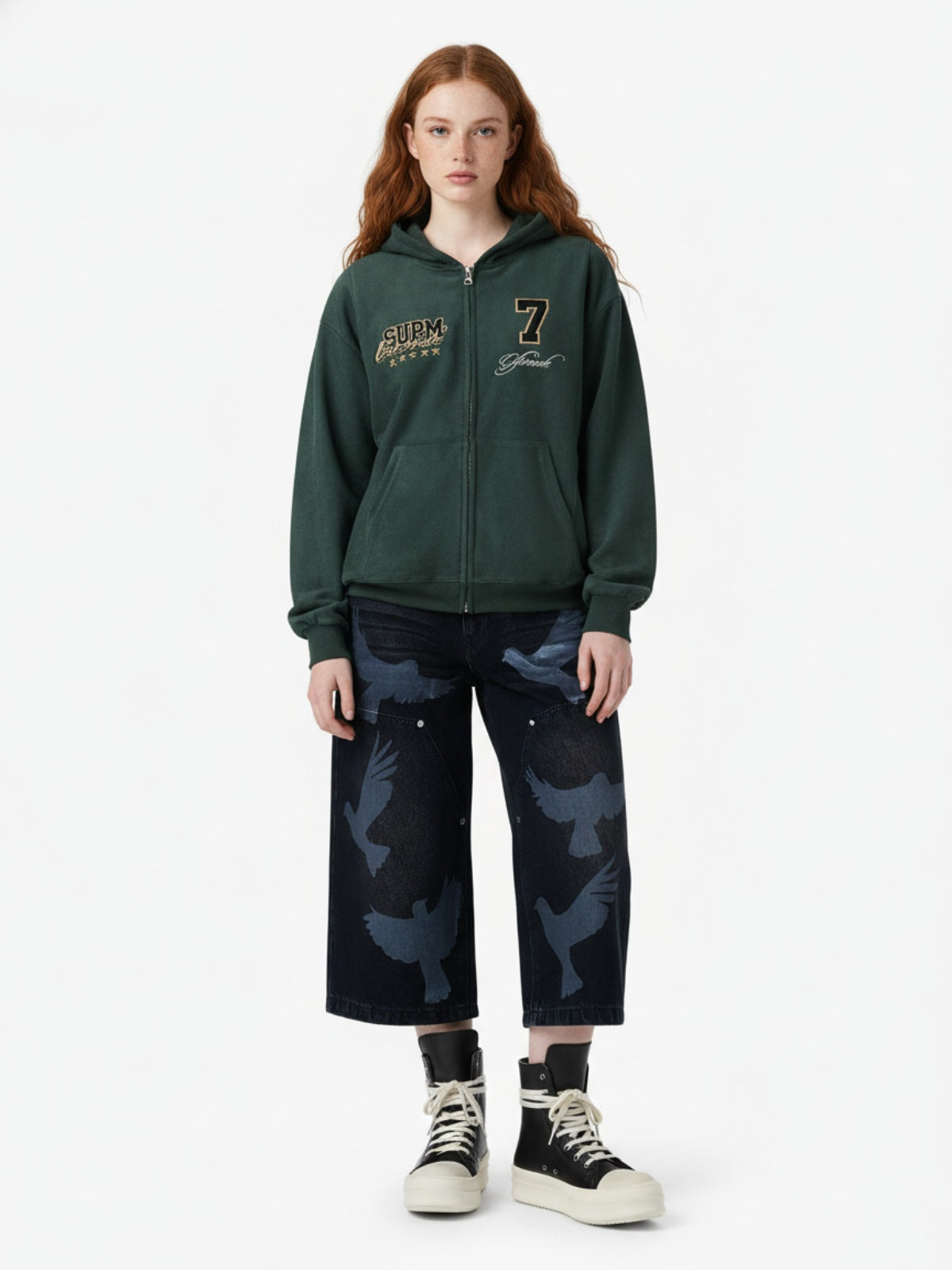 Suede Letter Embroidered Cropped Zip-Up Sweatshirt