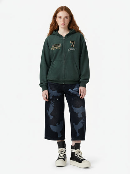 Suede Letter Embroidered Cropped Zip-Up Sweatshirt